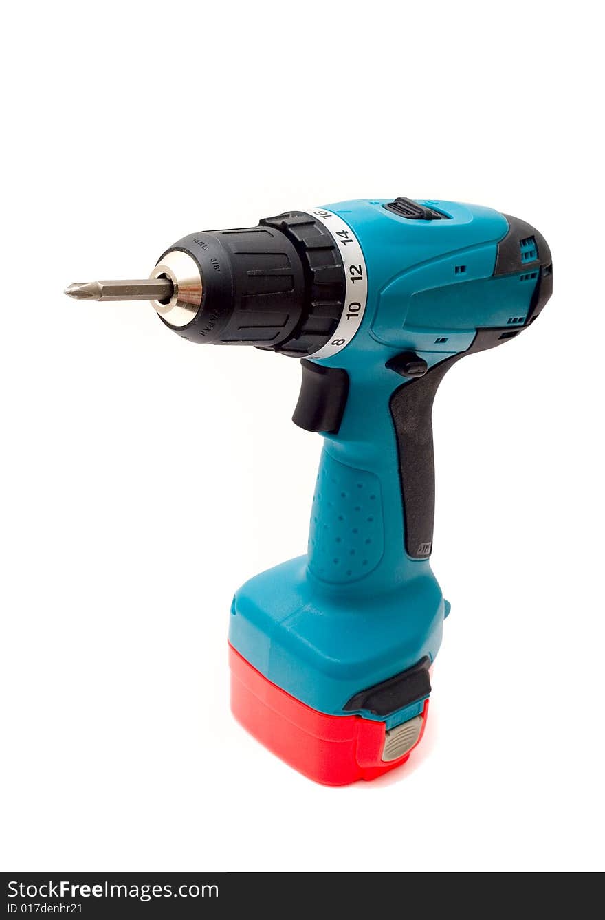 Drill Cordless screwdriver. Powerful and convenient tool. Isolated on a white background