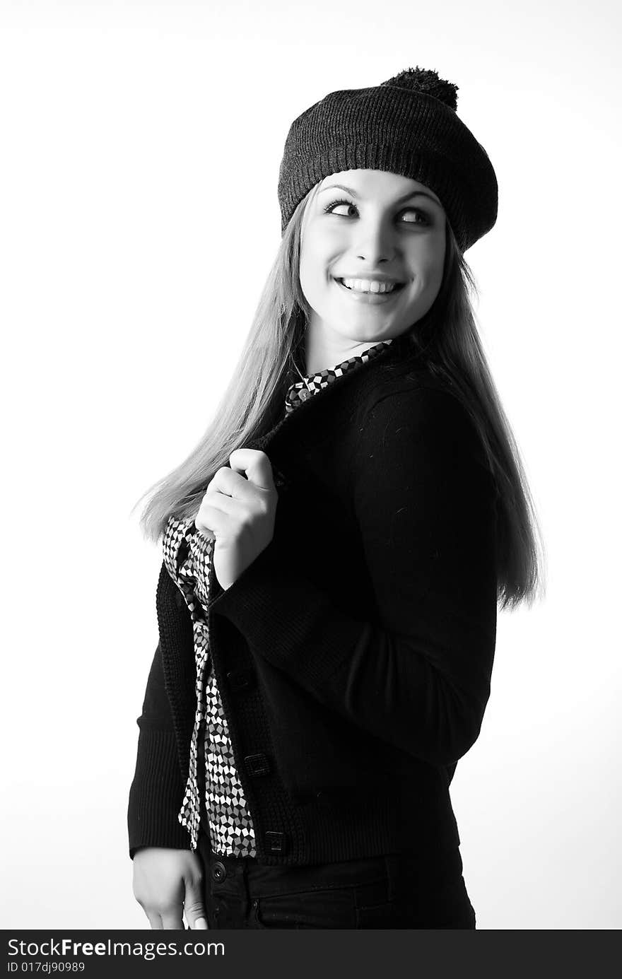 Portrait of beautiful young in beret and jacket. Portrait of beautiful young in beret and jacket