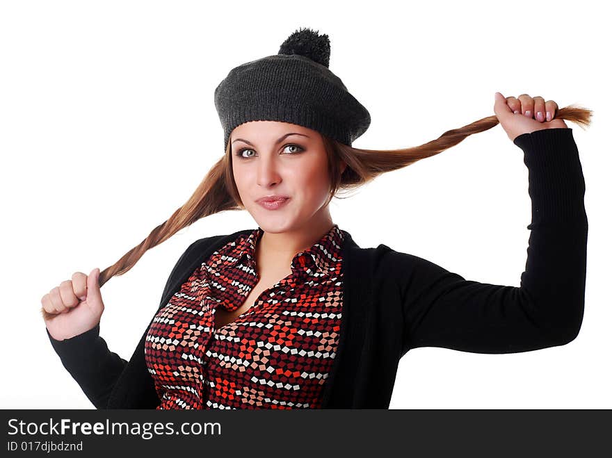 Portrait of beautiful young in beret and jacket. Portrait of beautiful young in beret and jacket