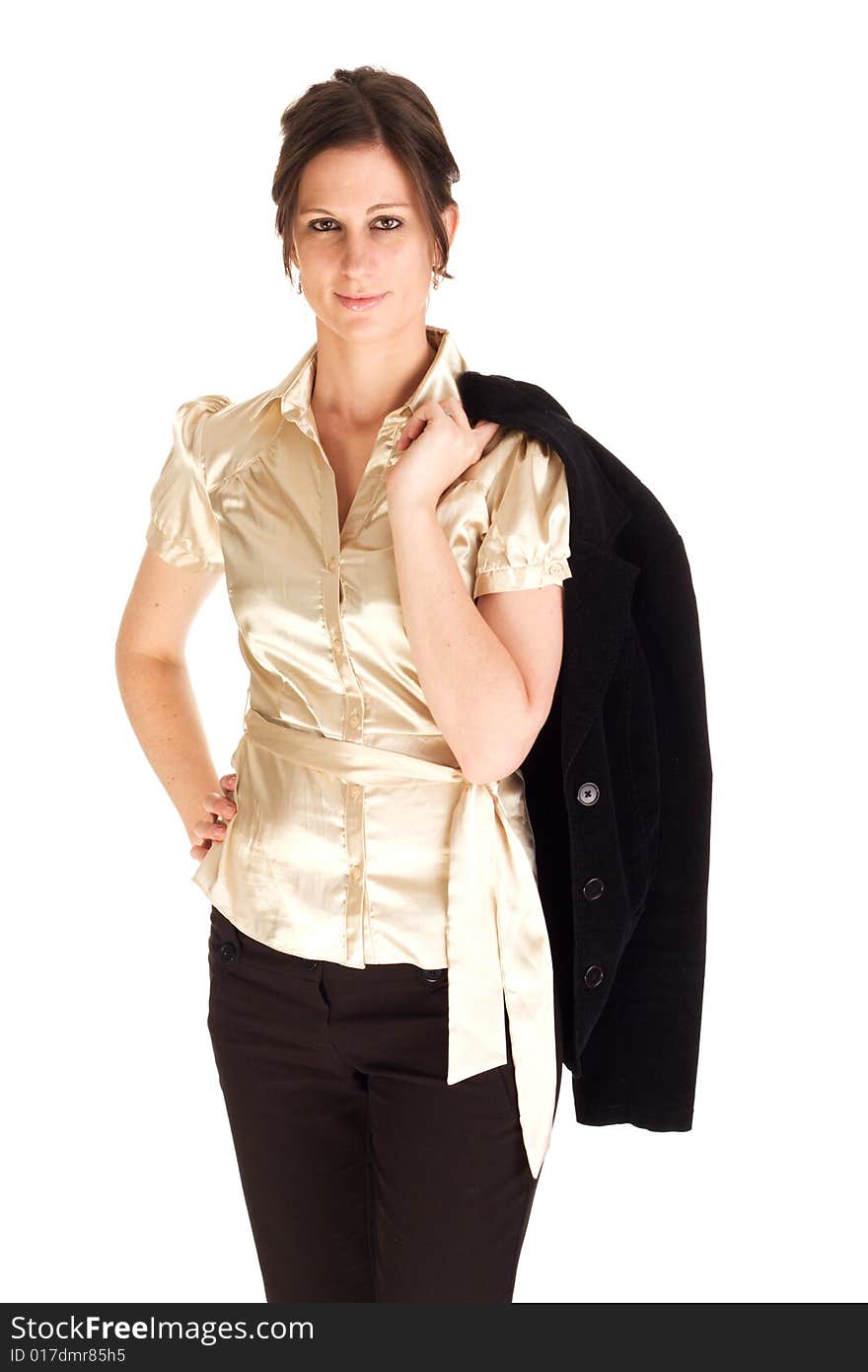 Young attractive Caucasian business woman with jacket slung over her shoulder