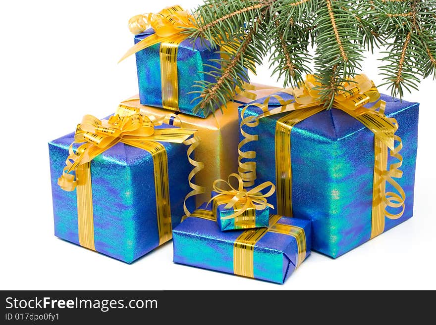 Various gift boxes and fur-tree branch on a white background