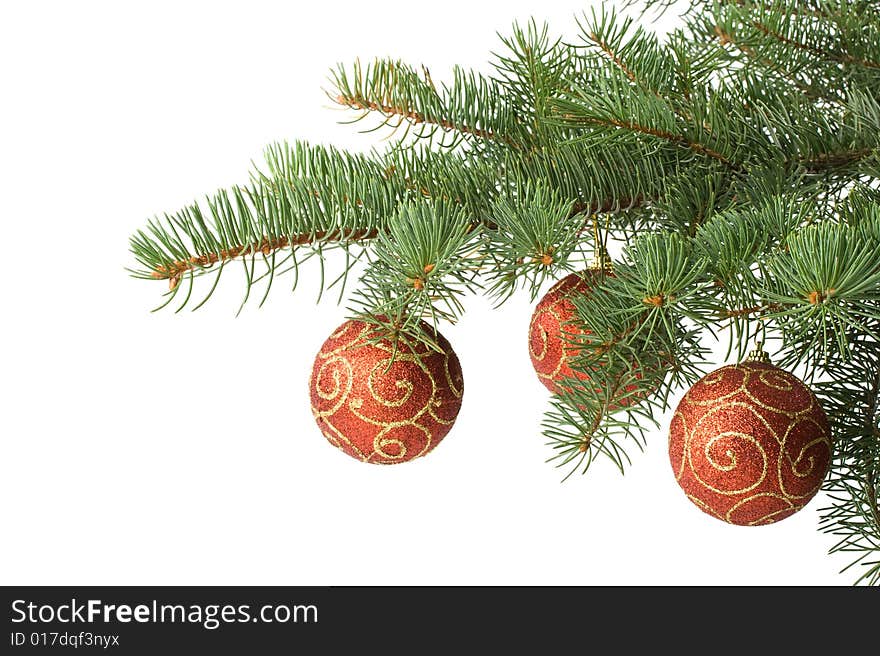 Fir tree branch with decoration on a white background. Close up. Christmas decoration.