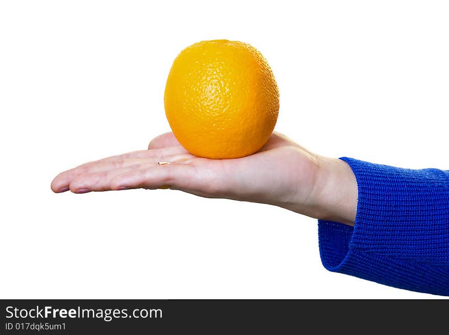 Hand with orange on it on white background