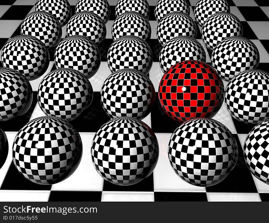 3d red chess sphere wich is different from the crowd. 3d red chess sphere wich is different from the crowd