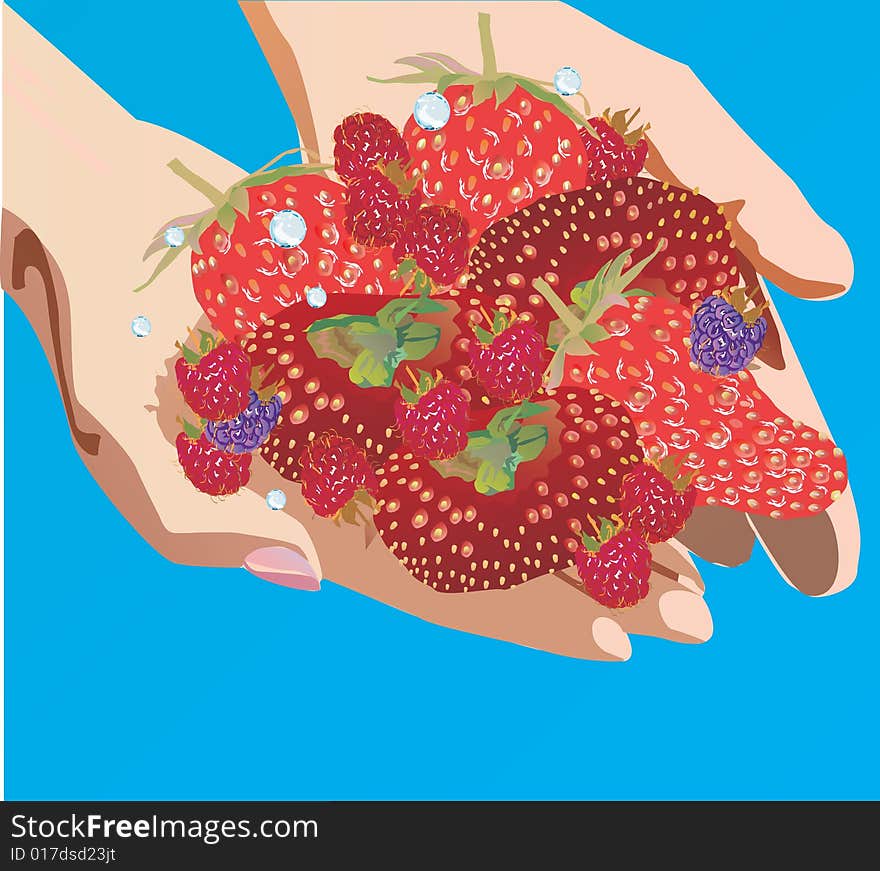 An illustration with hands and strawberries