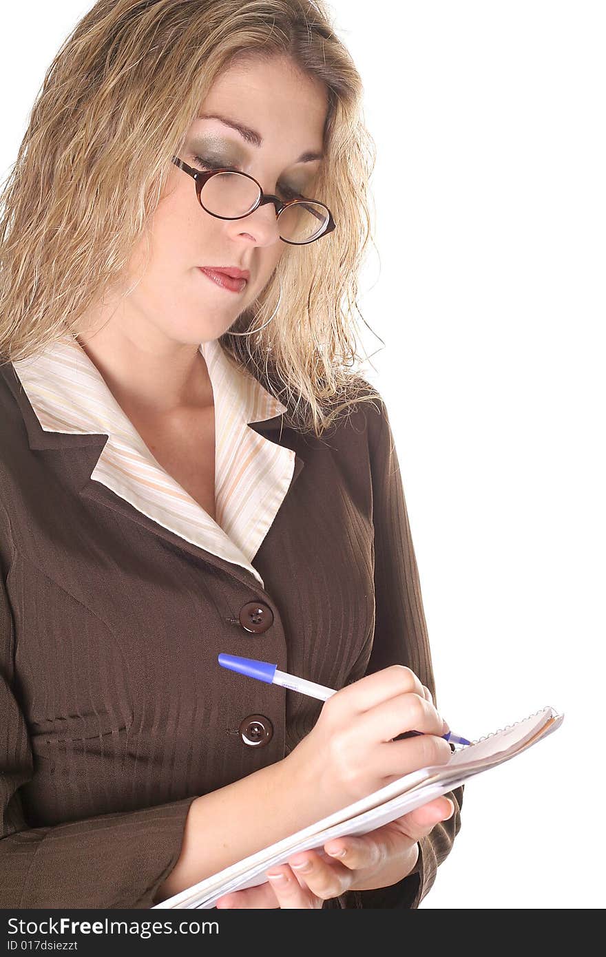 Business woman taking notes isolated on white