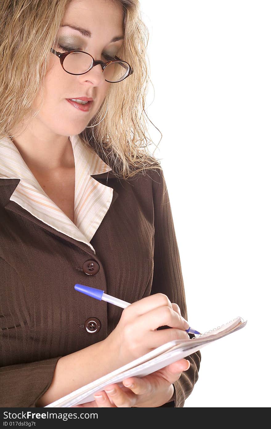 Business woman taking notes upclose isolated on white