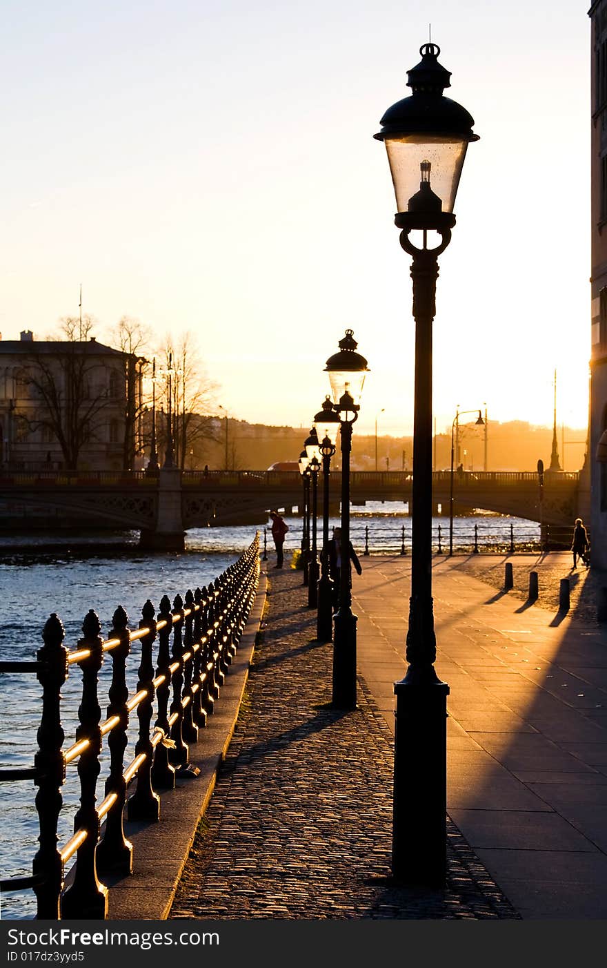 Classical view of winter Stockholm City at sunset. Classical view of winter Stockholm City at sunset