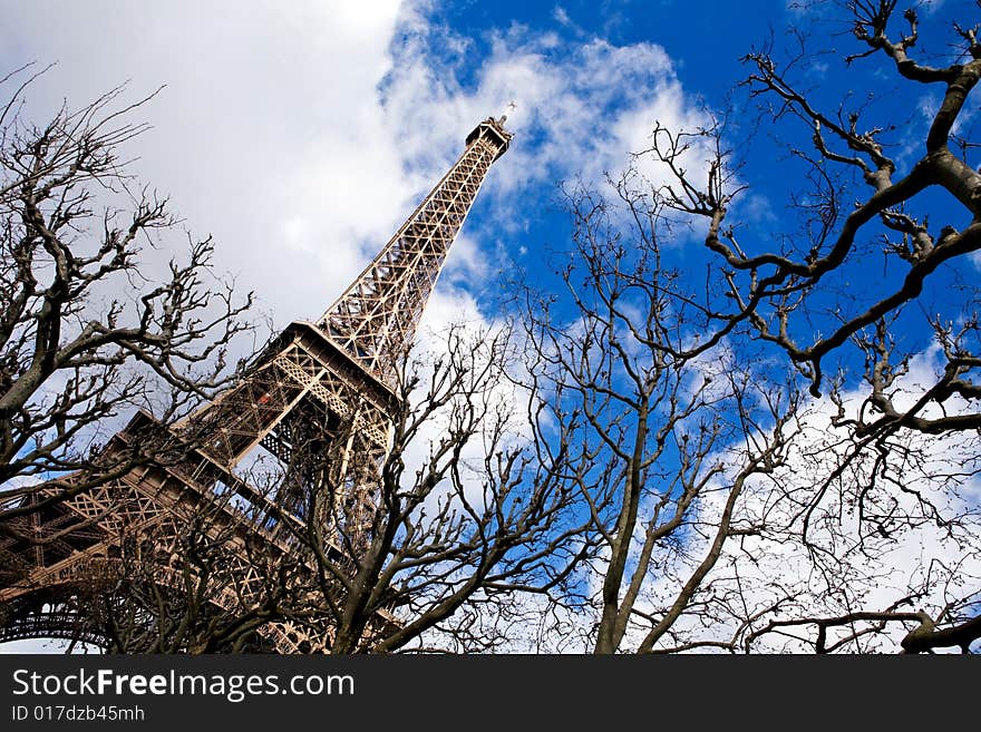 Beautiful view of The Eiffel Tower in Paris on a sunny day