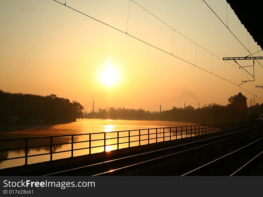 Sunset above the railway station Roudnice n/L