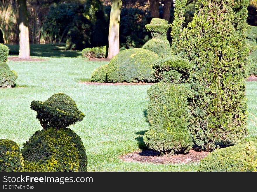 A view of an topiary garden in a busy city. A view of an topiary garden in a busy city.