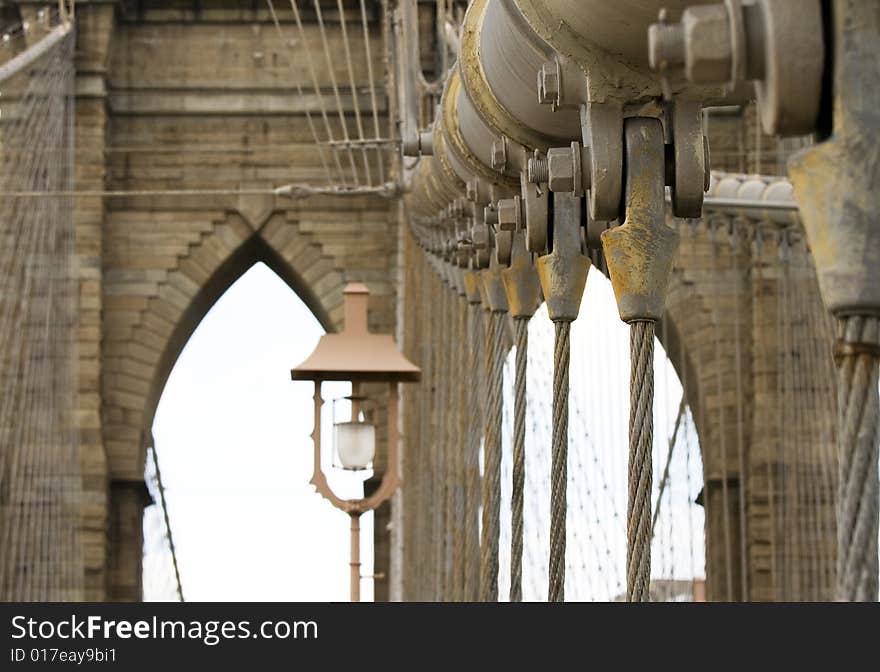 Brooklyn Bridge's Arches, Cables, Screws, and nuts in close up.