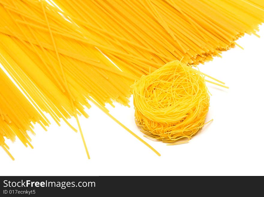 Different beautiful pasta on a white background