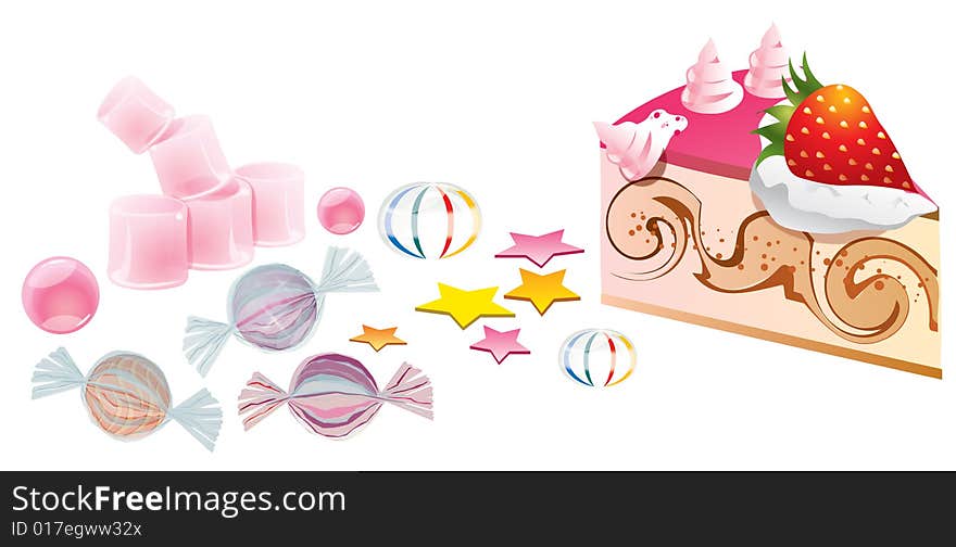 Different style of candies and cake illustration on white background. Different style of candies and cake illustration on white background