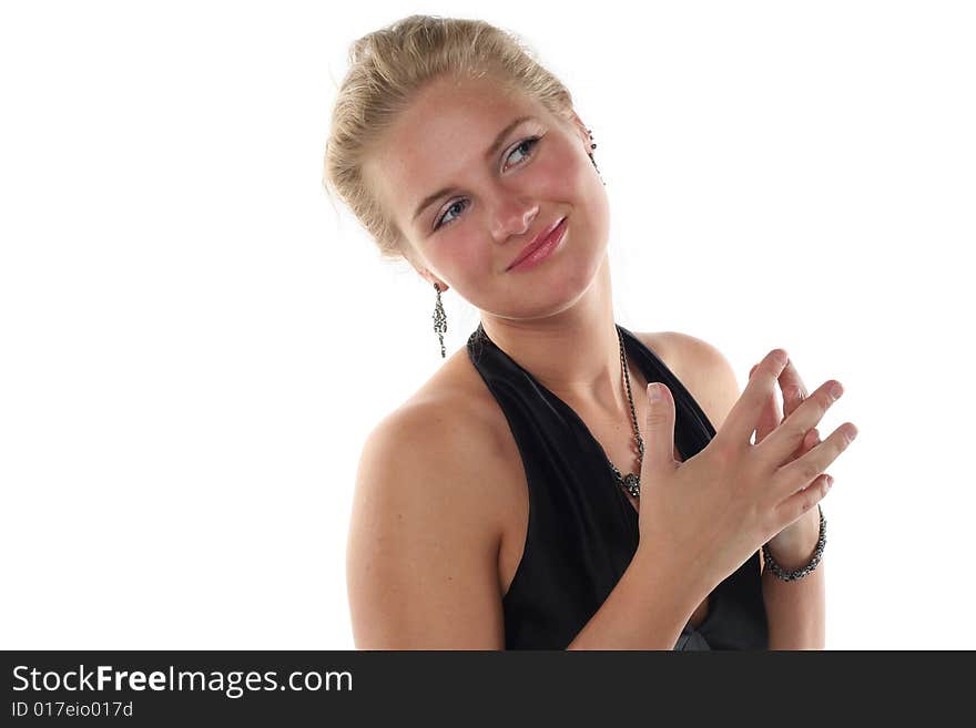 Girl with estimating looks isolated on white background