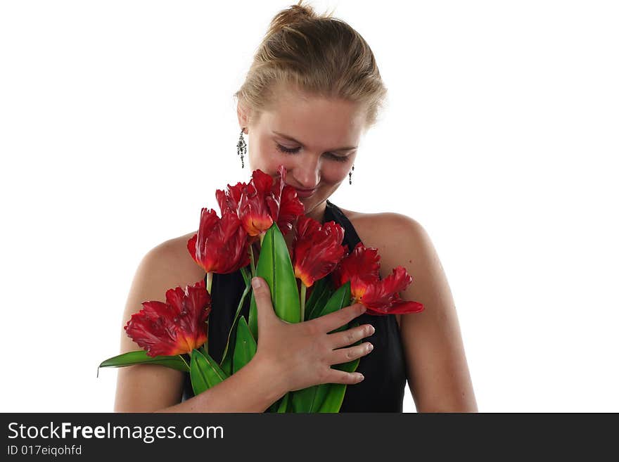 Woman In Dress With Tulips