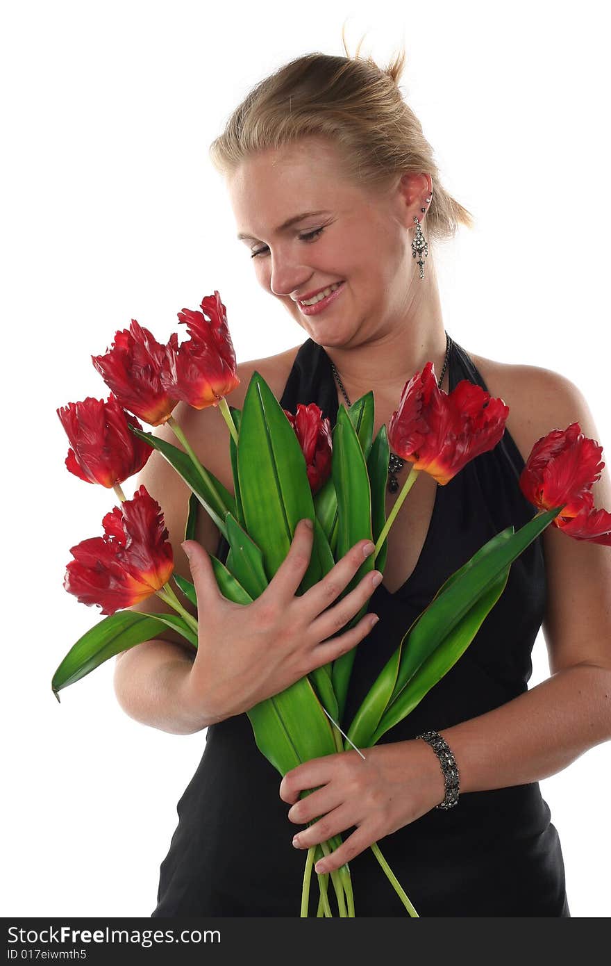 Woman In Dress With Tulips