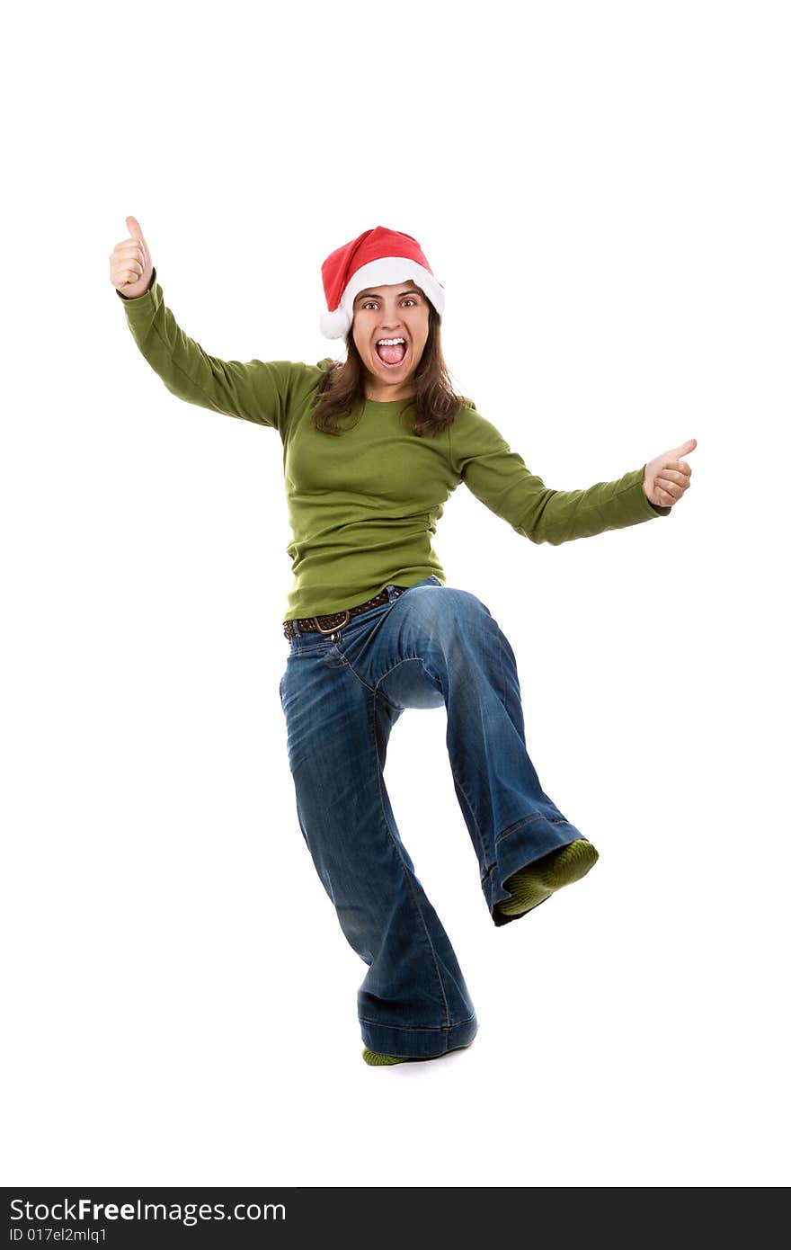 Funny santa woman with green shirt isolated on white background