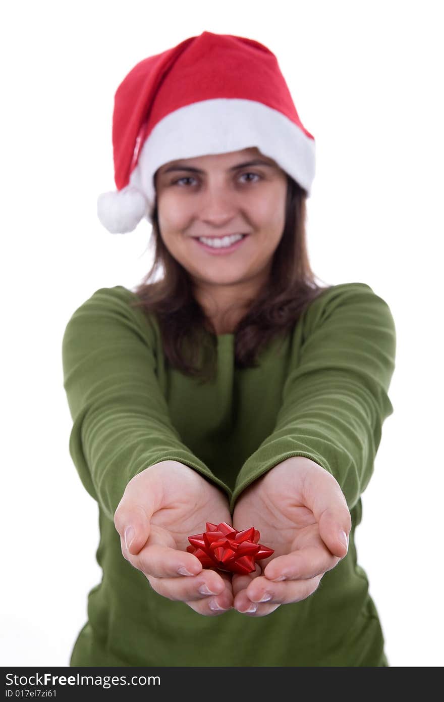 Santa Woman Holding Small Red Ribbon In Her Hands