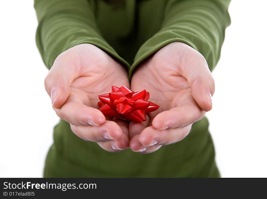 Santa woman holding small red ribbon in her hands