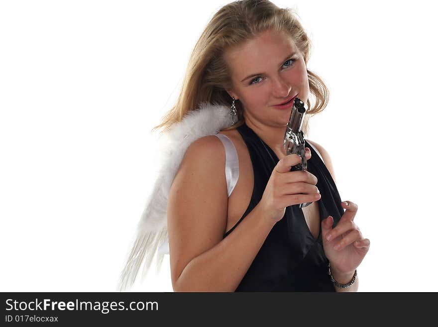 Girl like an angel with pistol isolated on white background