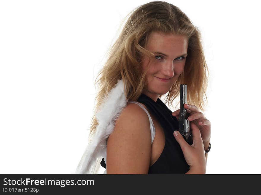 Girl like an angel with pistol isolated on white background