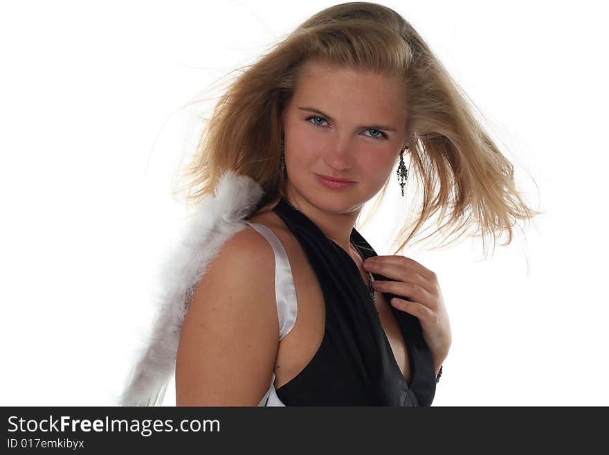 Girl like an angel isolated on white background