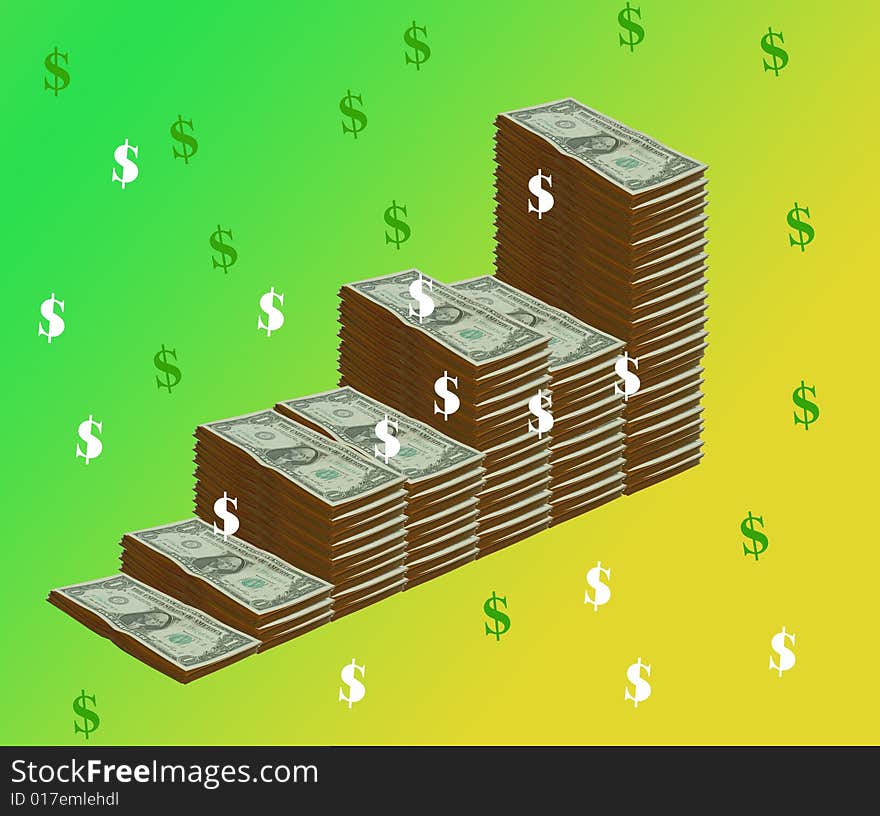 Rising and falling dollar on green and yellow background. Rising and falling dollar on green and yellow background