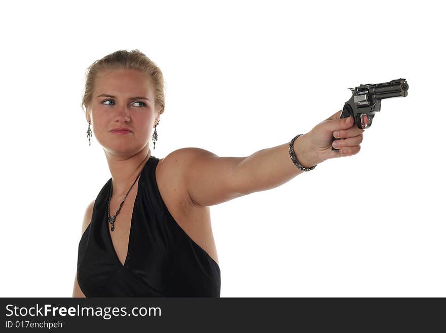 Young blond woman with revolver