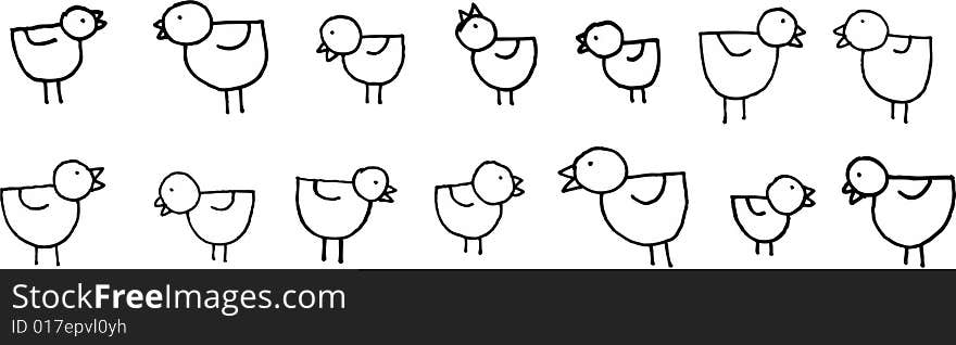 Fourteen yellow birds on white background.  illustration