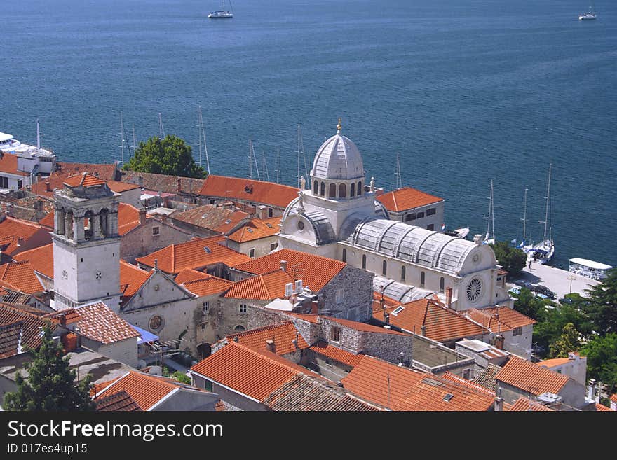 Church with red roofs in Sibenik. Church with red roofs in Sibenik