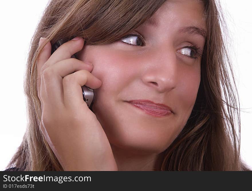 Young girl portrait, talking on the telephone