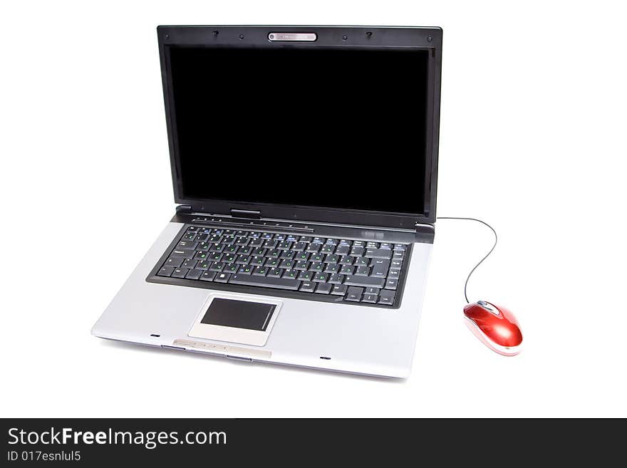 Silver notebook with computer mouse on white