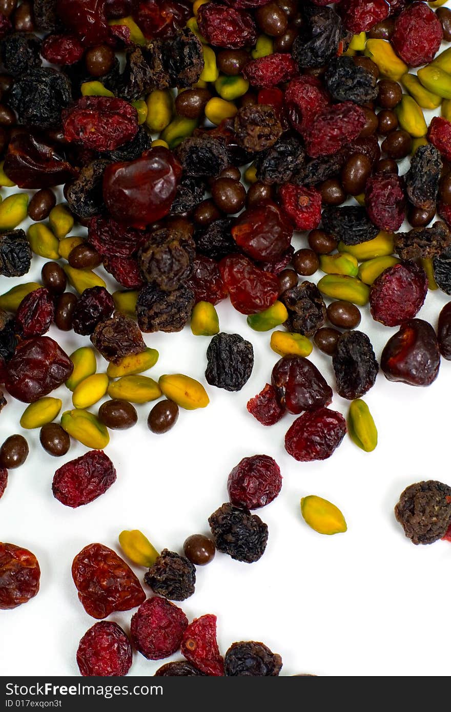 Selection of healthy dried cherries, pistachios and raisins. Selection of healthy dried cherries, pistachios and raisins