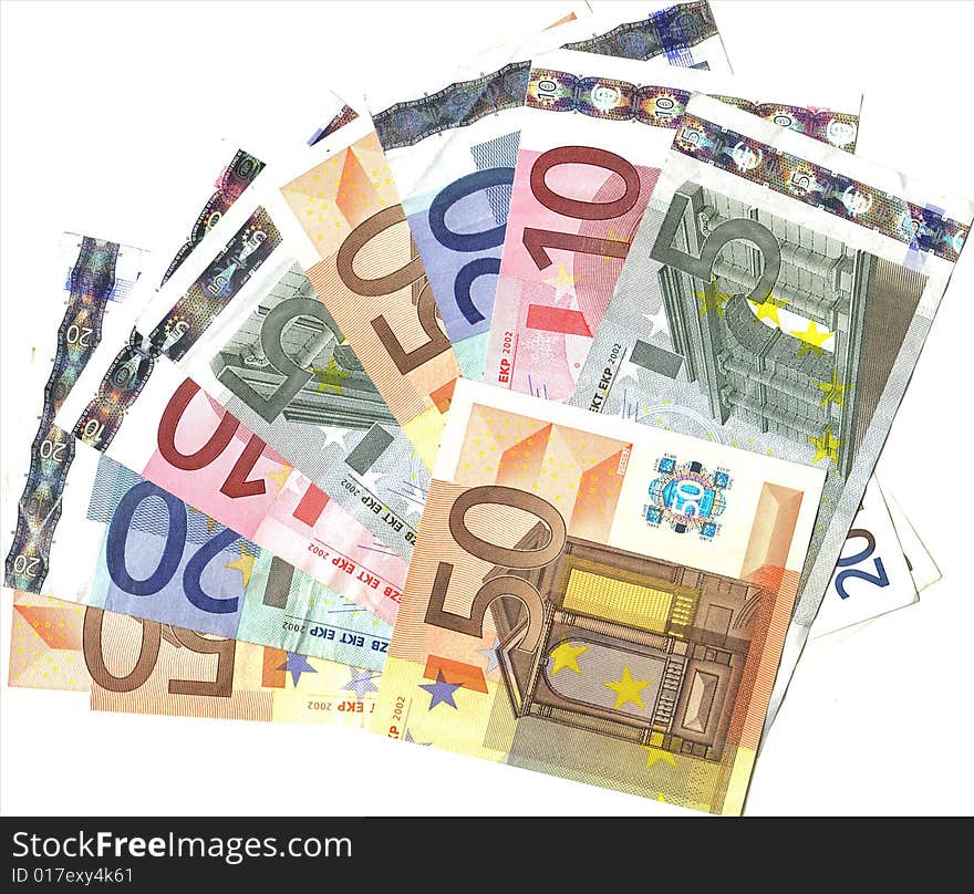 European banknotes cutting different on white background