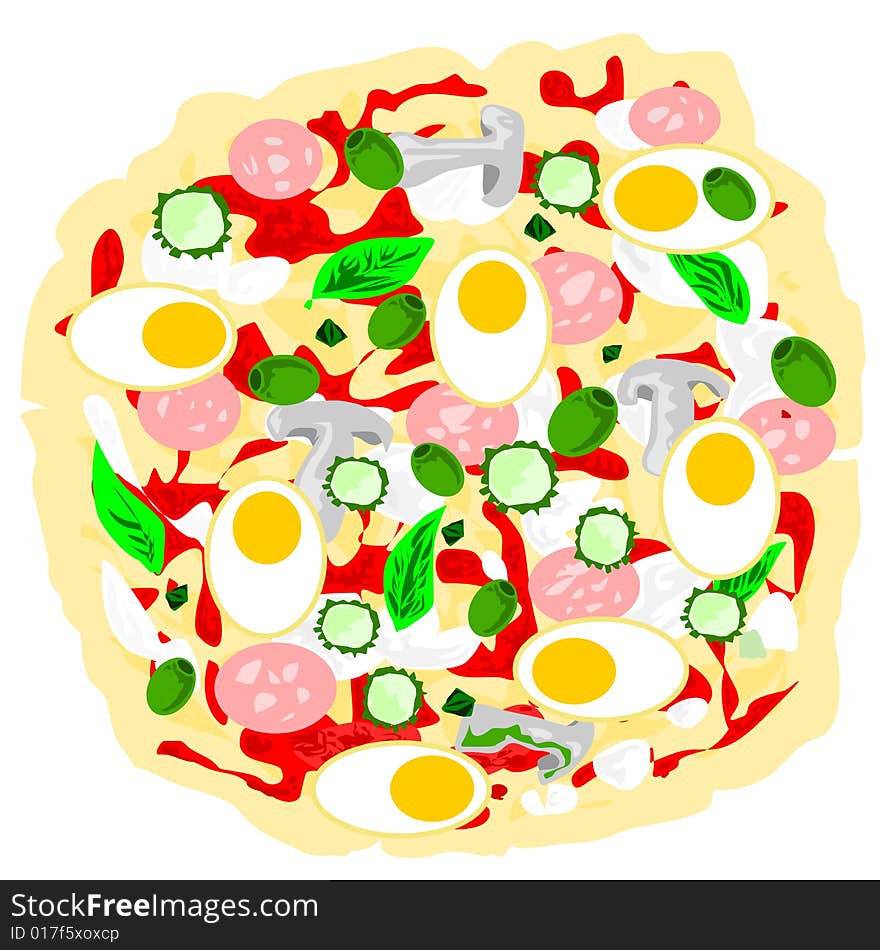 Big vector image of a pizza with plenty of ingredients : eggs, courgettes,capers, mortadella, basil, mushrooms, mozzarella cheese, tomato, Olives, oil. Big vector image of a pizza with plenty of ingredients : eggs, courgettes,capers, mortadella, basil, mushrooms, mozzarella cheese, tomato, Olives, oil.