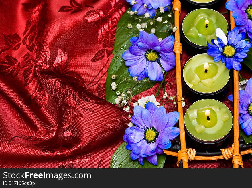 Row of green candles and blue flowers