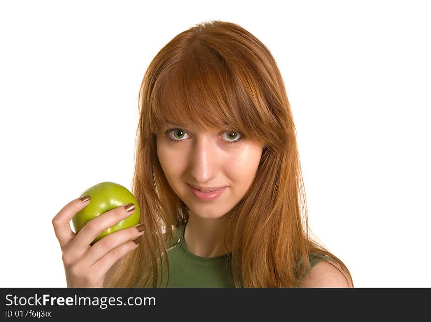 Beautiful girl with green apple isolated on white background