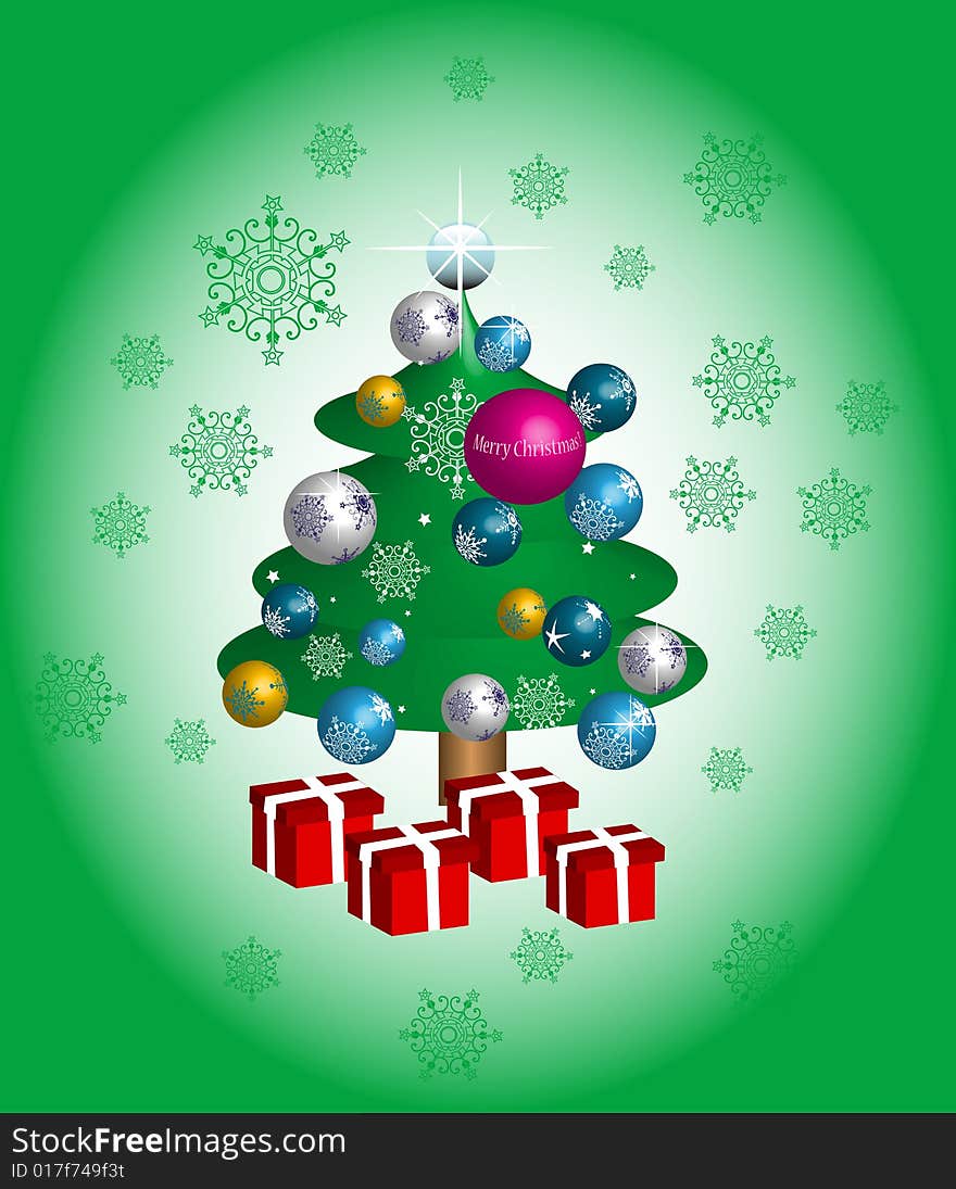 Abstract colorful illustration with Christmas tree, snowflakes, red gift boxes and colored Christmas balls