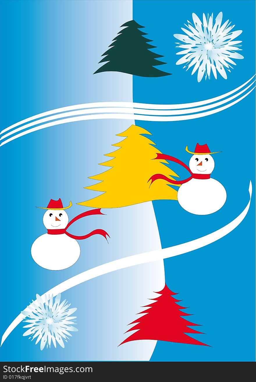 Two snow men and three varicoloured firs on a winter background. Two snow men and three varicoloured firs on a winter background.