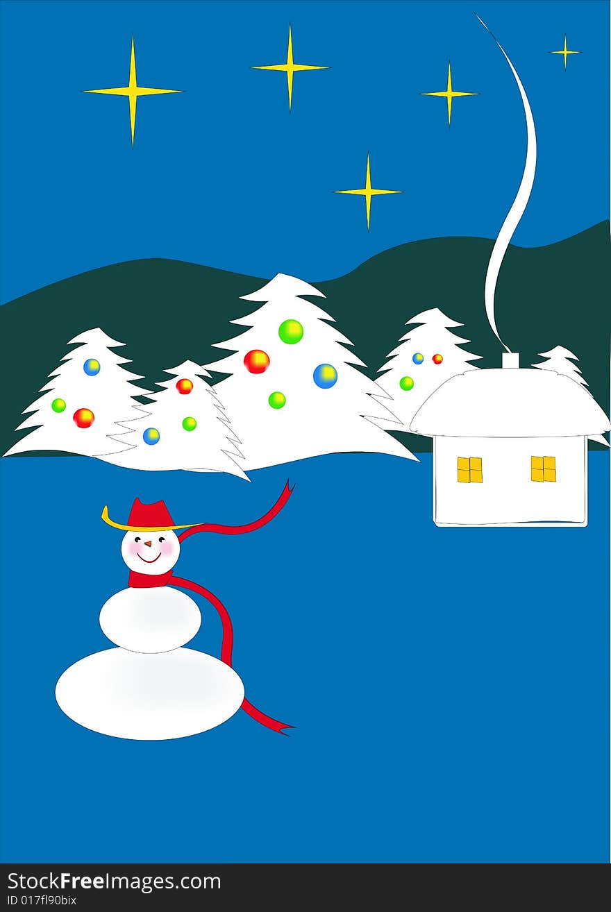 Merry snow man. Cottage with yellow windows. Fir-trees, decorated varicoloured balls. Merry snow man. Cottage with yellow windows. Fir-trees, decorated varicoloured balls.