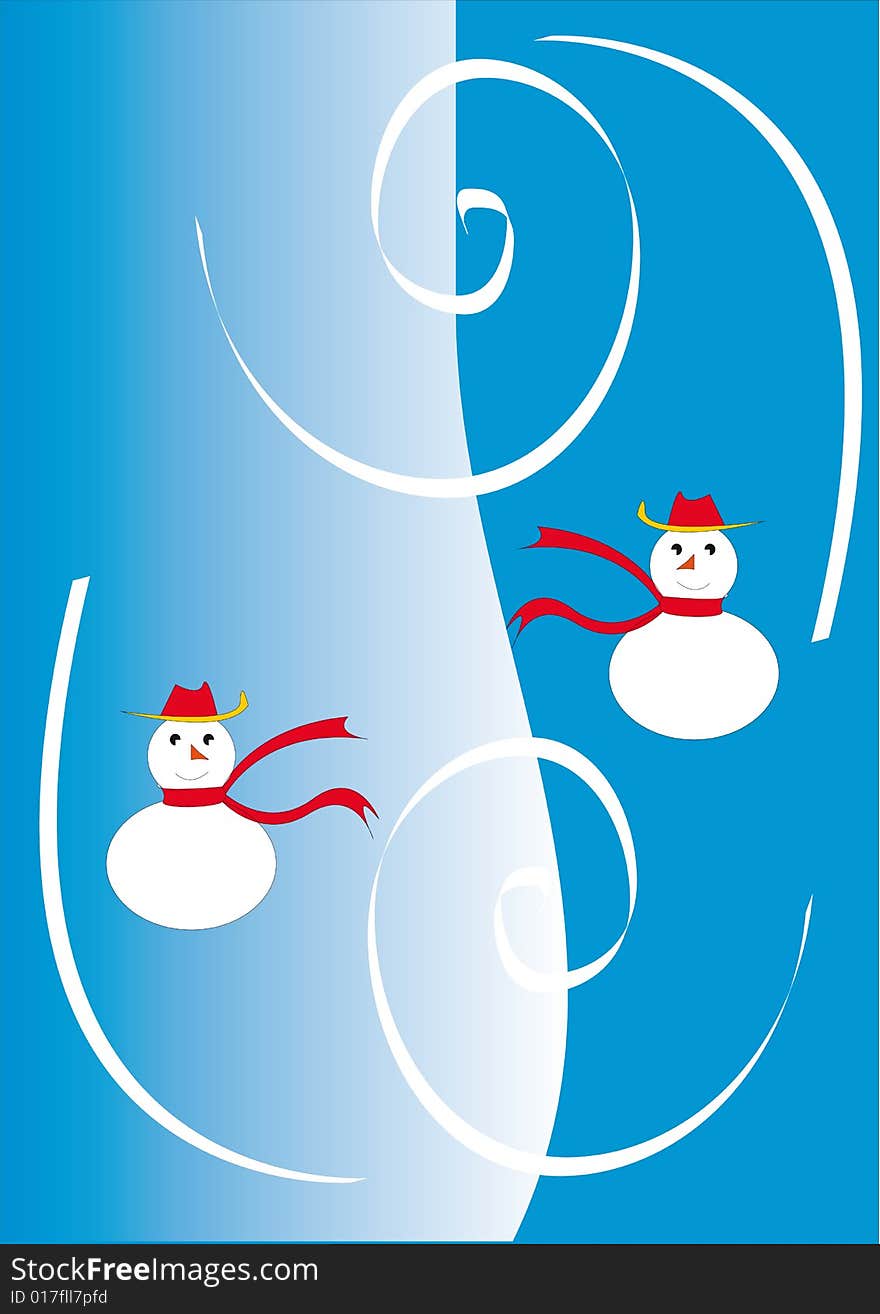 Two snowmen with red hats and scarfs. White-blue background and snow whirlwinds. Two snowmen with red hats and scarfs. White-blue background and snow whirlwinds.