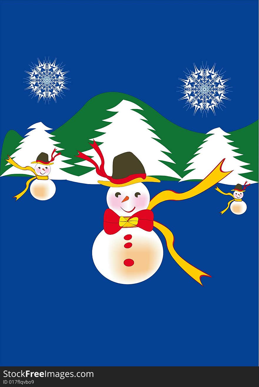 Three snow men on a  winter fir-trees background. Three snow men on a  winter fir-trees background.