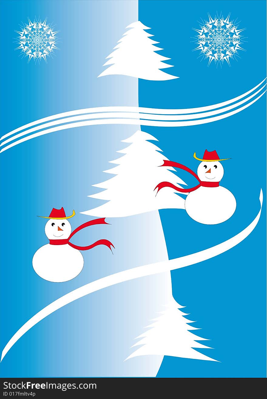 Two snow men and three snow-bound silver firs on a winter background. Two snow men and three snow-bound silver firs on a winter background.