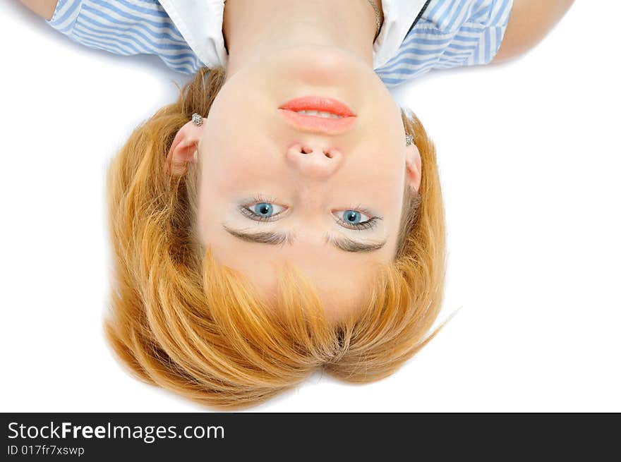 Portrait of beautiful lying woman, isolated on white