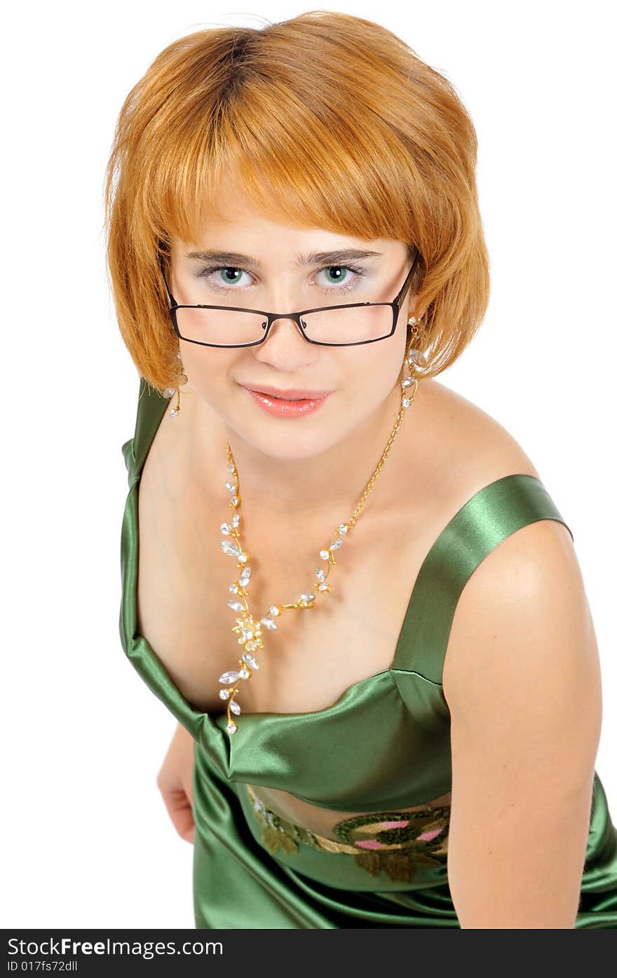 Portrait Of Hot Woman In Shiny Green Dress