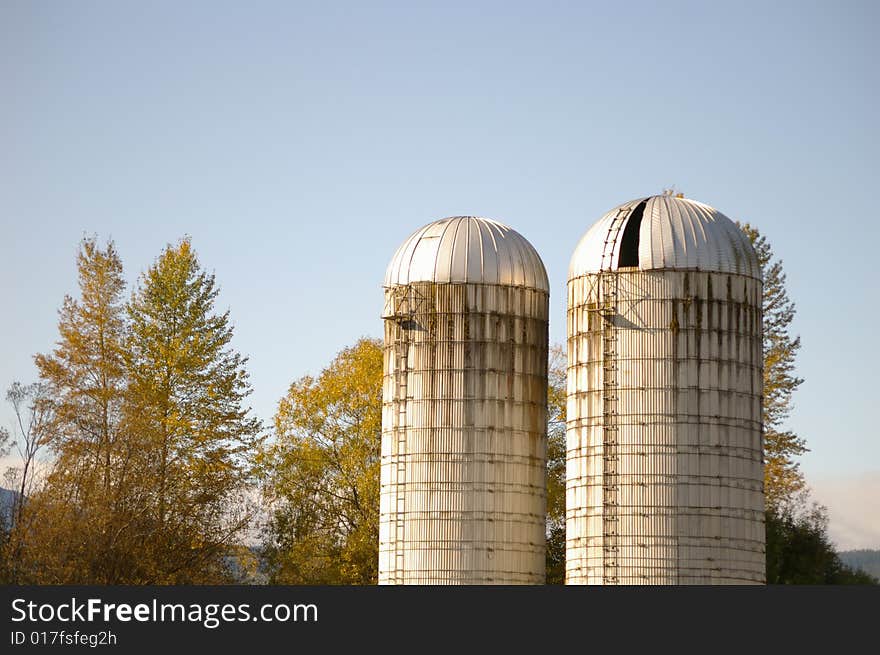 Skyline of a pair of silos at a farm in Washington State