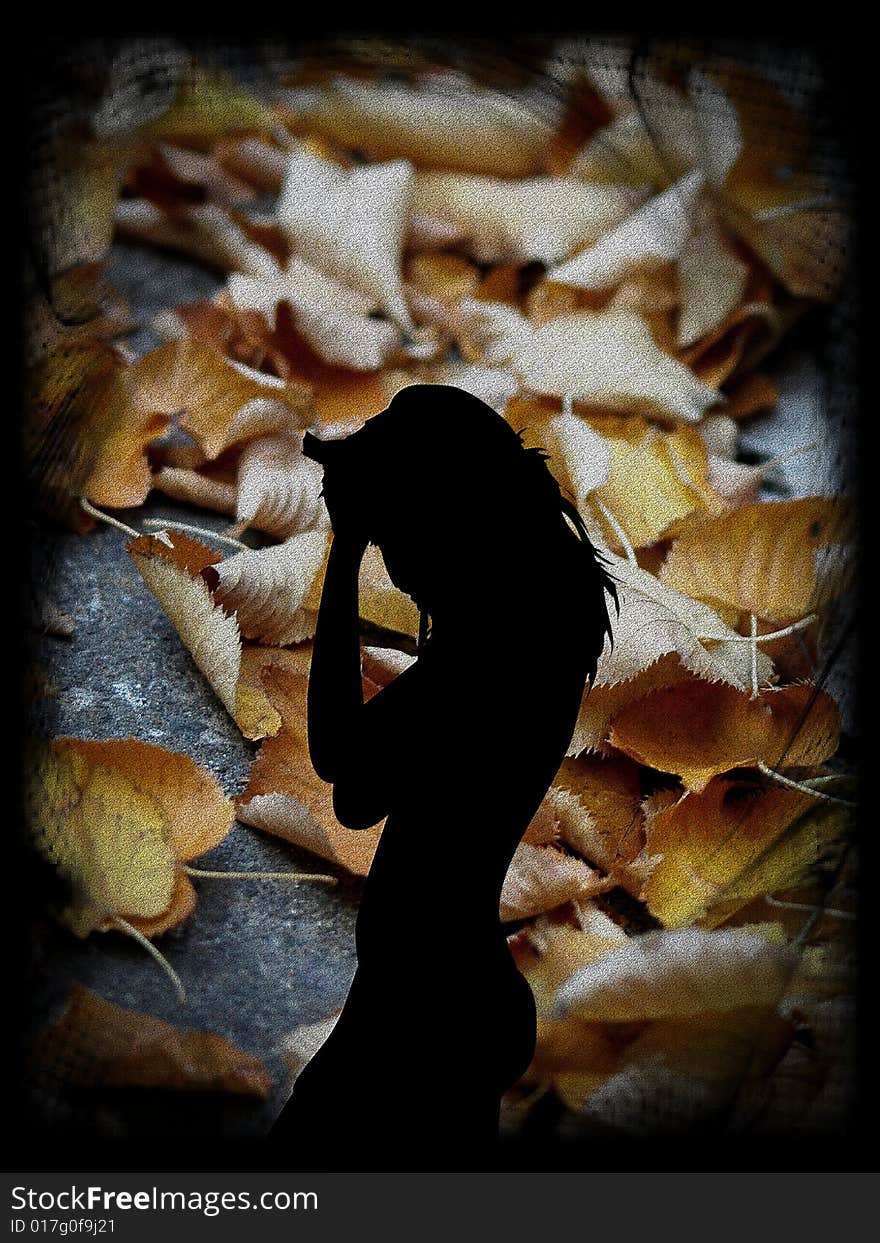 A suggestive artistic background with a woman and autumn leaves. A suggestive artistic background with a woman and autumn leaves