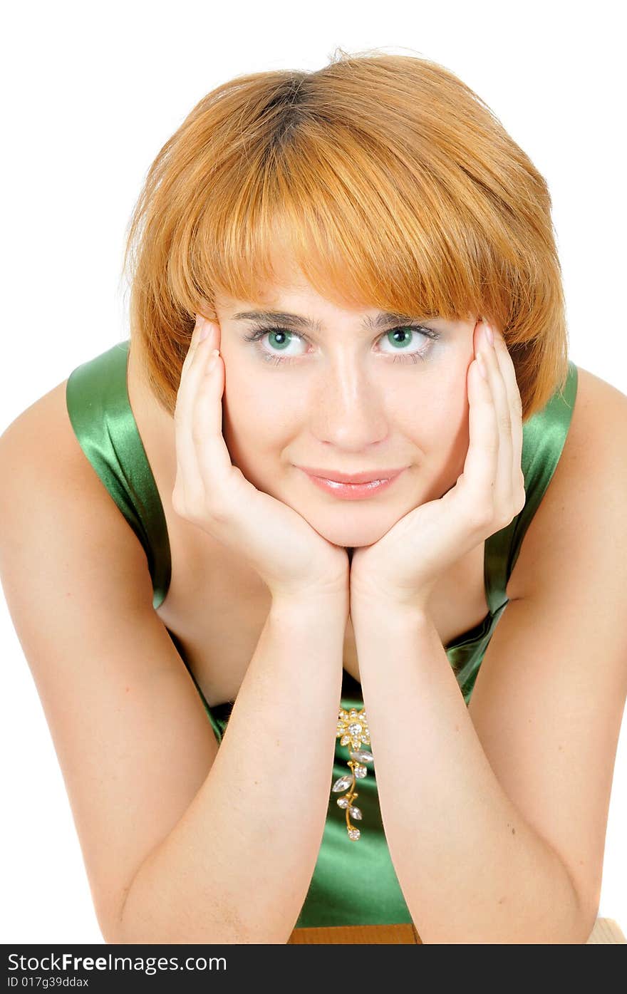 Portrait of thoughtful young pretty woman, isolated on white