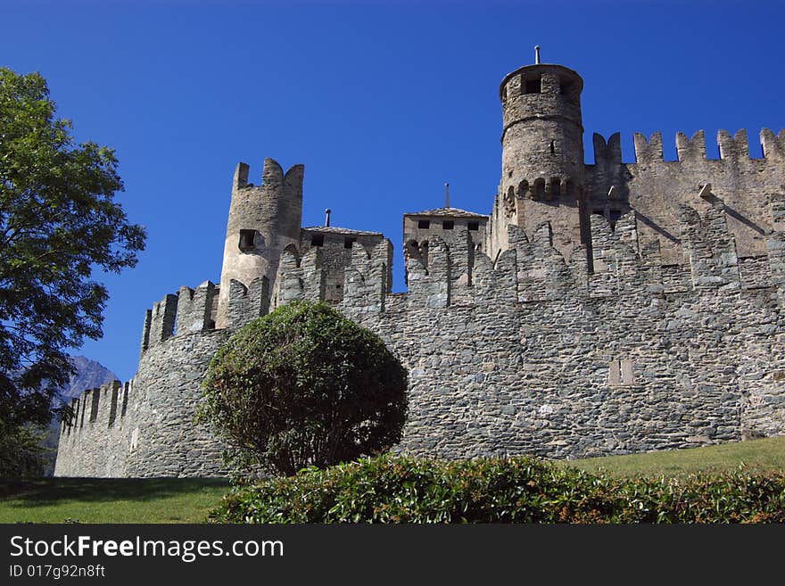 Medieval castle  walls and towers in Italy, Aosta region. Medieval castle  walls and towers in Italy, Aosta region.